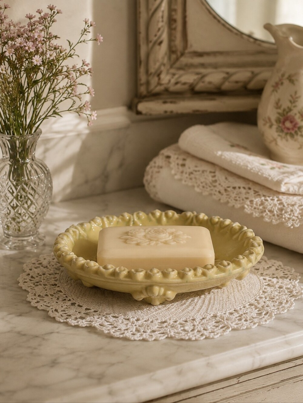 yellow Ornate Oval Footed Regency Glam Ceramic Soap Dish Trinket Tray